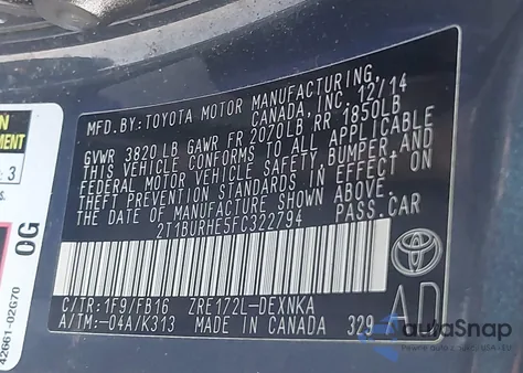 2015 Toyota Corolla Le z USA, uszkodzony, nr VIN 2T1BURHE5FC322794